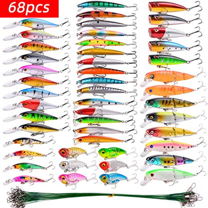 Aorace Fishing Lures Kit Mixed Including Minnow Popper Crank Baits with Hooks for Saltwater Freshwater Trout Bass Salmon Fishing - color: Item-G 68pcs