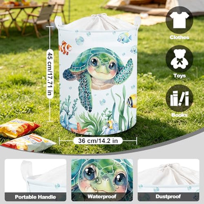 Clastyle Large Fish Sea Turtle Baby Basket Ocean Coral Seaweed Starfish Toy Book Shelf Basket Waterproof Pool Toy Beach Towel Storage Bin Collapsible Dirty Clothes Hamper, Blue, 36 * 45 cm - size: 36*45 cm