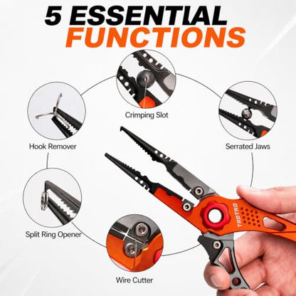 LureLite Pro Aluminum Fishing Pliers-Saltwater-Suitable Split Ring Tools with Fish Hook Remover- Fly Fishing Pliers with Braid Cutters, Sheath & Lanyard-Ideal Gifts for Men in Fishing
