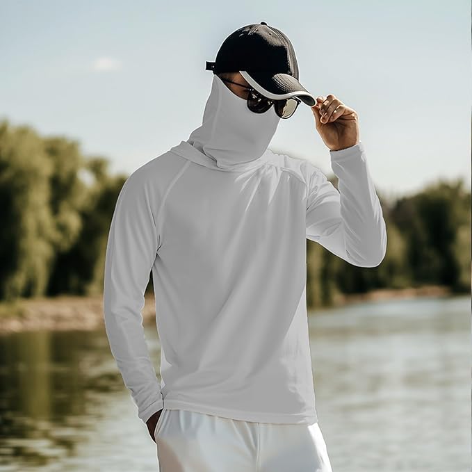 Men's UPF 50+ Sun Protection Hooded Shirt with Integrated Face Cover Long Sleeve Lightweight Rash Guard Shirts - color: Dark Gray, size: 5X-Large