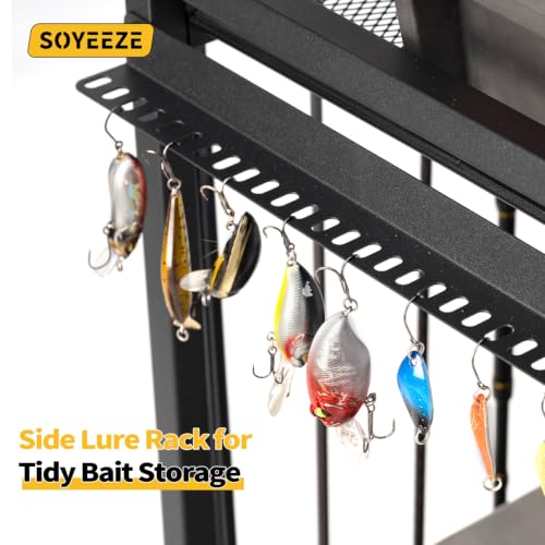 SOYEEZE Fishing Rod Holders for Garage, DIY Pegboard for Reels & Fishing Accessories, 12 Rod Capacity Fishing Pole Holder and 3-Tier Shelf for Tackle Box, Fishing Gear Organizer