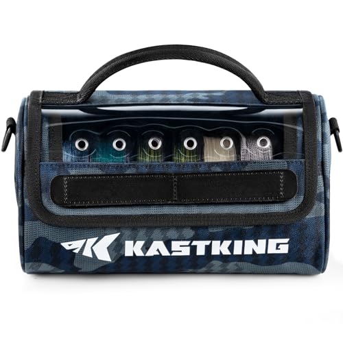 KastKing BaitSpace Line Management Bag, Fishing Line Storage Bag with Water Resistant Nylon, Clear View Window, Removable Divider, Tangle-free Leader Line Holder - color: E: Blue Camo-Large