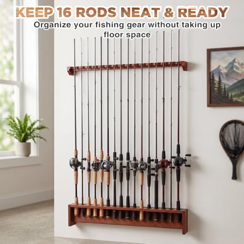 Sintuff 1 Pair 16-position Fishing Rod Rack, Wall Mount Pole Holder, Solid Red Oak Wood Rack, Walnut Finish, Space-saving Fishing Pole Storage, 16 Rod Max Capacity, for Garage, Home