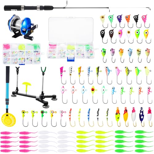 Hungdao 96 Pcs Ice Fishing Gear with Ice Fishing Rod, Reel Combo, Jigs, Cleats, Rod Holder for Men Outdoor Gifts