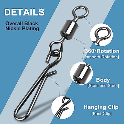 SILANON Fishing Barrel Snap Swivels,Rolling Barrel Swivels with Hanging Snaps Stainless High Strength Fishing Snap Clip Saltwater Freshwater Swivel Snap Fishing Tackle Connector - style: Mixed Kit-160pcs