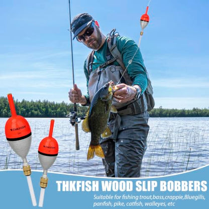 THKFISH Wood Weighted Slip Bobbers for Crappie Walleye Fishing | 5 Pcs Fishing floats Weighted Slip Bobbers with Brass Pendant for Steelhead Bass, Crappie, Walleye, Salmon Fishing - size: 1.5in(L)* 0.82in(W)* 5pcs
