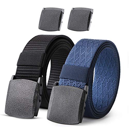 JASGOOD 2 Pack Nylon Web Belt Outdoor Military Men’s Metal Free Belt with TSA Plastic Buckle - color: D-black+blue, size: Fits Pant Up To 45"