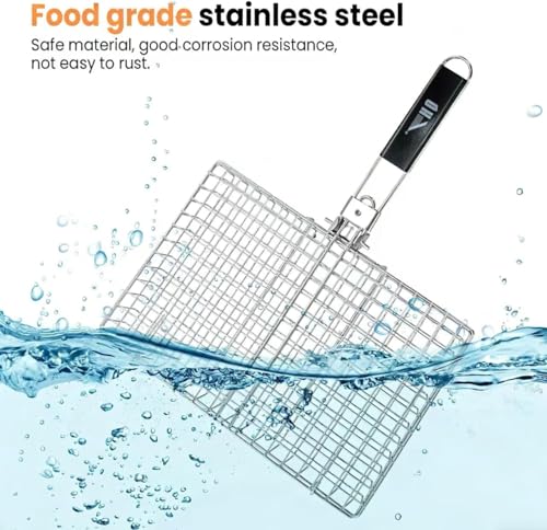 Portable BBQ Grill Basket, 12.6x8.8x 1.34 Inch, Stainless Steel Folding Portable Outdoor Camping Rack for Fish, Shrimp, Vegetables, Cooking Accessories, Gifts for Dad, husband, Friends （Includes Carry Bag）