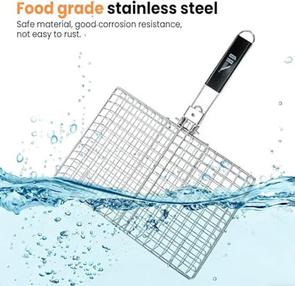 Portable BBQ Grill Basket, 12.6x8.8x 1.34 Inch, Stainless Steel Folding Portable Outdoor Camping Rack for Fish, Shrimp, Vegetables, Cooking Accessories, Gifts for Dad, husband, Friends （Includes Carry Bag）