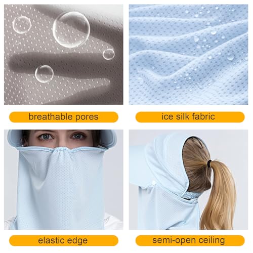 Women Wide Brim Face Mask Sun Hat Detachable Neck Face Flap Ponytail UV Protection Visor Hat Garden Fishing Hiking - color: Bg8094-lightblue