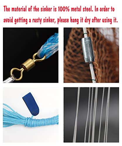 Cast Fishing Net with Aluminum Frame, 0.8 inch Mesh, 7.8-13.8 ft Diameter - color: Brown Braided Fishing Line, size: Dia: 11.8FT (metal sinker)