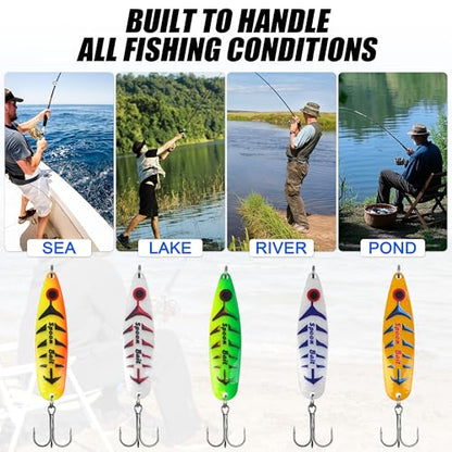 Fishing Spoon Lures Kit, 5pcs Jigging Casting Trolling Lures Slow Vertical Jigs for Bass Tuna Salmon Sailfish Trout Grouper Snapper Freshwater Saltwater with Tackle Box - size: 3/4 oz ( 5 pcs/1 box)