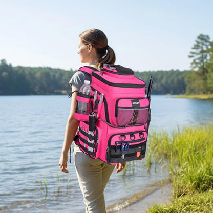 Goture Fishing Backpack with 4 Tackle Boxes, 900D Water-Resistant Tackle Backpack with Rod Holders,Insulated Cooler Compartment, 55L Large Capacity Fishing Gear Storage Bag for Saltwater & Freshwater - color: A3:pink(4 Tackle Boxes Included)