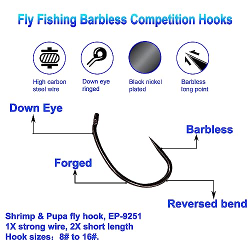 Eupheng 100pcs Plus Best Barbless Competition Fly Fishing Hook Collection, Dry Nymph Strimp&Pupa, Pupa jig Fly Hooks High Carbon Competition Hook - color: Shrimp & Pupa Fly Hook EP-9251, size: 8#