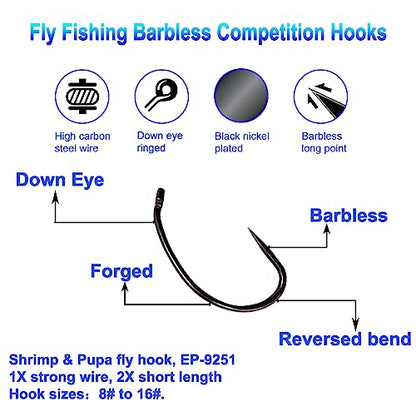 Eupheng 100pcs Plus Best Barbless Competition Fly Fishing Hook Collection, Dry Nymph Strimp&Pupa, Pupa jig Fly Hooks High Carbon Competition Hook - color: Shrimp & Pupa Fly Hook EP-9251, size: 8#