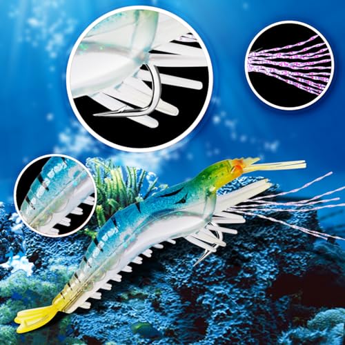 14Pcs Saltwater Fishing Lures Set with Box, 7 Colors Shrimp Lures Gear, Soft Artificial Shrimp Fishing Tackle with Luminous Sharp Hooks, Ocean Fishing Shrimp Bait for Saltwater and Freshwater