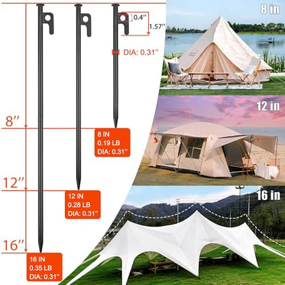 8 Pack Tent Stakes Heavy Duty Metal Tent Pegs for Camping Steel Tent Stakes 16 inch Unbreakable and Inflexible - size: 16 IN