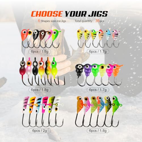 Ice Fishing Jigs Kit, 36/60/100pcs Micro Jig Heads Lures Hook Set for Winter Ice Jigging, Panfish, Perch, Trout, Bluegill, Walleye, Crappie Ice Fishing Lures Hooks Set with Storage Box - color: A -36pcs Ice fishing jigs (6 Style)