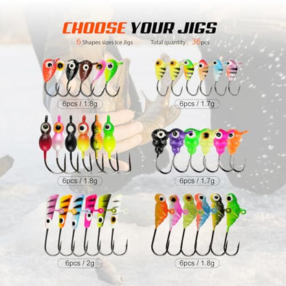 Ice Fishing Jigs Kit, 36/60/100pcs Micro Jig Heads Lures Hook Set for Winter Ice Jigging, Panfish, Perch, Trout, Bluegill, Walleye, Crappie Ice Fishing Lures Hooks Set with Storage Box - color: A -36pcs Ice fishing jigs (6 Style)