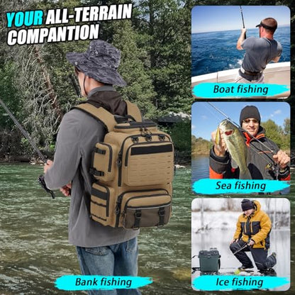 Tactical Fishing Backpack with Tackle Boxes, Rod Holders & Bottle Holder, 50 L Large Insulated Fishing Tackle Box Backpack with Cooler, Fishing Bag Store Gear & Equipment, 900 D Oxford, Brown - color: Brown