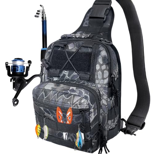 Kynzo Fishing Sling Backpack with Rod Holder, Water-Resistant Fishing Tackle Bag, Durable Shoulder Crossbody Pack for Freshwater Saltwater Fishing (D- Pythonskin Black) - color: D- Pythonskin Black