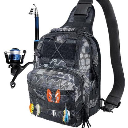 Kynzo Fishing Sling Backpack with Rod Holder, Water-Resistant Fishing Tackle Bag, Durable Shoulder Crossbody Pack for Freshwater Saltwater Fishing (D- Pythonskin Black) - color: D- Pythonskin Black