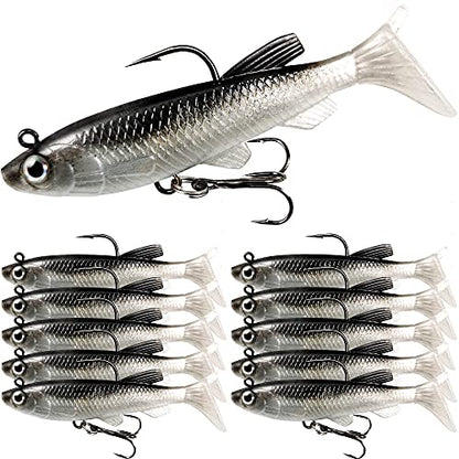 Soft Fishing Lures Shad Minnow Swimbaits, Pre-Rigged Jig Heads Paddle Tail Swim Baits for Bass, Trout, Walleye, Crappie, Sinking Jigs Bait for Saltwater Freshwater, Fishing Gifts for Men - color: A2-Weedness Pre Rigged Swim Baits-10pcs- 3.15inch