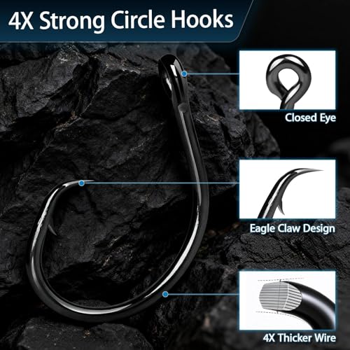 9KM DWLIFE Circle Hooks 25pcs 4X Strong Fishing Hooks – High Carbon Steel, Non-Offset Closed Eye, Wide Gap for Catfish, Striped Bass, Salmon –Circle Hooks for Saltwater & Freshwater - size: 4/0#