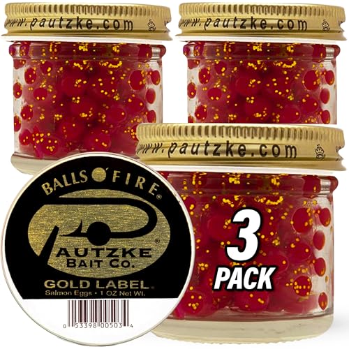 Pautzke Balls O' Fire Salmon Eggs Bait - Real Salmon Eggs for Trout Fishing, Soft Fish Eggs for Salmon Fishing, Can Be Used as Single Egg Salmon Bait or Salmon Egg Sacks - color: 3-Red/Gold