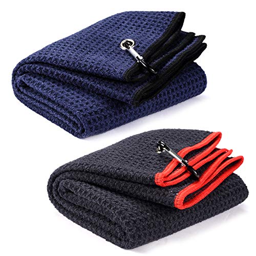 2 Pack 16" x 24" Tri-fold Golf Towel Set, Microfiber Fabric Waffle Pattern Towels, Heavy Duty Carabiner Clip (2 Pcs, 2 Colors) - color: 3: Black (Red Edge) + Navy Blue (Black Edge)