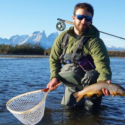 Hipicute Fly Fishing Net, Trout Net, Wooden Frame Fly Fishing Landing Net with Soft Rubber Mesh for Catch and Release, Lightweight Fish Net for Trout Bass, Fly Fishing Gear for Stream Fishing - color: White-02, style: Round Holes-01