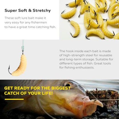 Rubber Maggots Fishing Bait #10 - Crappie Jigs, Fishing Maggots, Bulk Fishing Grubs for Trout, Crappie, Pan Fish, Bluegill, Fresh Water Fishing Lures Set (12 Hooks and 12 Worms)