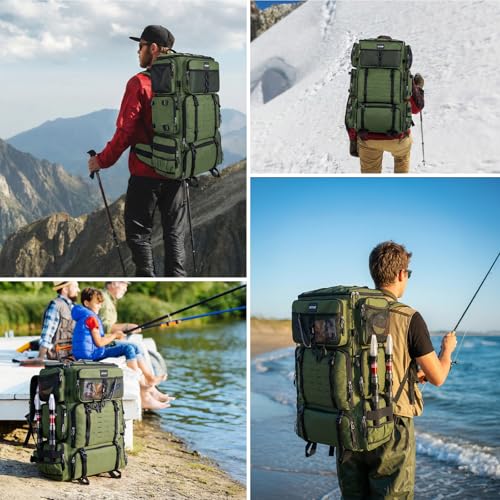 Goture Fishing Backpack with Cooler,72L Large 600D Tackle Backpack with Rod Holders,Dry & Wet Split Compartment,Adjustable Main Compartment,Rain Cover,Insulated Tactical Bag for Travel Camping Hiking - color: A1:Green(Only Bag,Without Tackle Box)