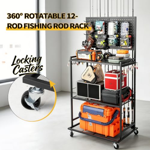 SOYEEZE Fishing Rod Holders for Garage, DIY Pegboard for Reels & Fishing Accessories, 12 Rod Capacity Fishing Pole Holder and 3-Tier Shelf for Tackle Box, Fishing Gear Organizer