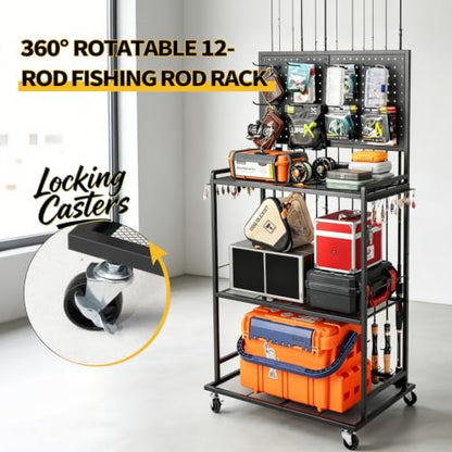 SOYEEZE Fishing Rod Holders for Garage, DIY Pegboard for Reels & Fishing Accessories, 12 Rod Capacity Fishing Pole Holder and 3-Tier Shelf for Tackle Box, Fishing Gear Organizer