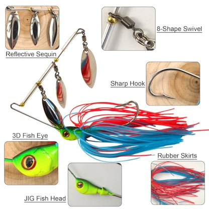 5pcs Spinner Baits Fishing Lures Kit,Willow Leaf Spinnerbait Buzz Bait,Silicon Skirt Swim Jigs Fishing Tackle Spinner Baits for Bass Trout Salmon Pike Saltwater Freshwater