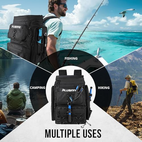 PLUSINNO Fishing Tackle Backpack with Rod Holders，42L Water-resistant Fishing Bag Store Fishing Gear,Fishing Gifts For Men. - color: Black