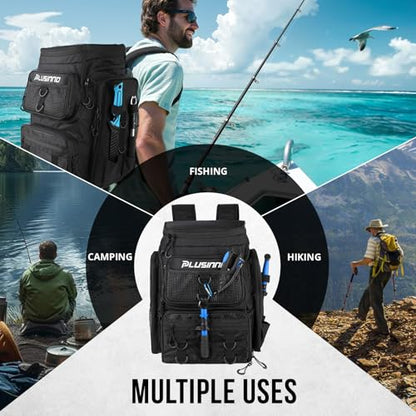 PLUSINNO Fishing Tackle Backpack with Rod Holders，42L Water-resistant Fishing Bag Store Fishing Gear,Fish Gifts For Men. - color: Black With Tackle Boxes