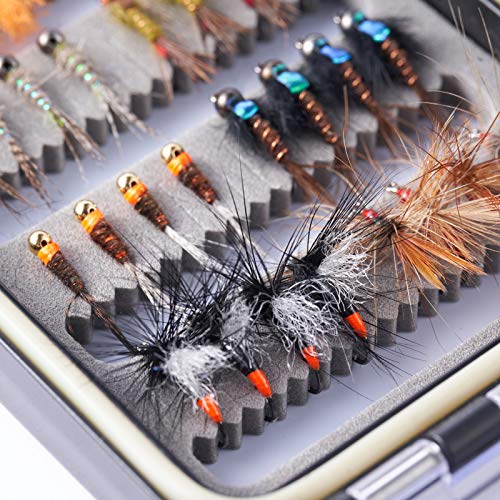 BASSDASH Fly Fishing Flies Kit Fly Assortment Trout Bass Fishing with Fly Box with Dry/Wet Flies, Nymphs, Streamers, Popper - style: 32pcs Barbless Trout Flies