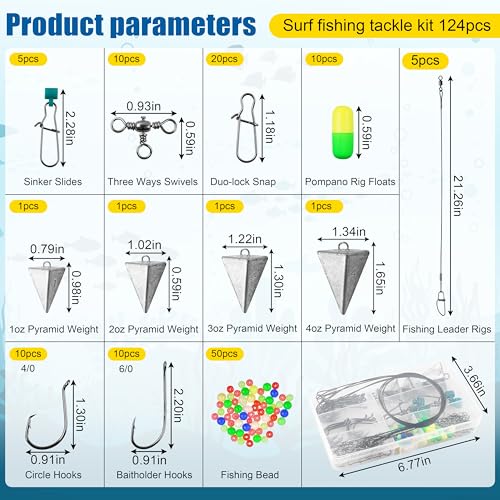 Saltwater Surf Fishing Tackle Kit, 124pcs Saltwater Fishing Gear Fish Finder Rig Pompano Rigs Pyramid Weights Sinker Slider Fishing Hooks Swivels Snaps Various Accessories