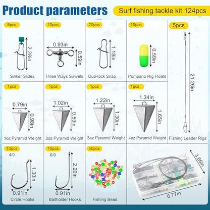 Saltwater Surf Fishing Tackle Kit, 124pcs Saltwater Fishing Gear Fish Finder Rig Pompano Rigs Pyramid Weights Sinker Slider Fishing Hooks Swivels Snaps Various Accessories