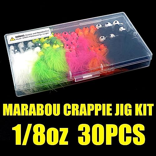 Crappie Jigs,30pcs Hand-Tied Marabou Hair Jig Heads with Feather 5 Colors Ice Fly Fishing Lures Bucktail Jig Fishing Teaser for Panfish Sunfish Walleye Hair Jig Bait 1/32 1/16 1/8 oz - color: 1/8oz(3.5g) - 30pcs