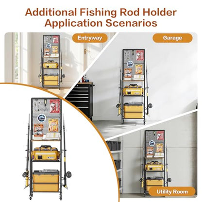 Olakee Fishing Rod Holders, Rolling Fishing Rod Rack for Garage & Boat, Tackle Box & Reel Holder Cart, Easy Assembly Fishing Gear Management System, Ideal Birthday Gift for Men Dad Anglers - color: 8 Rods,Brown