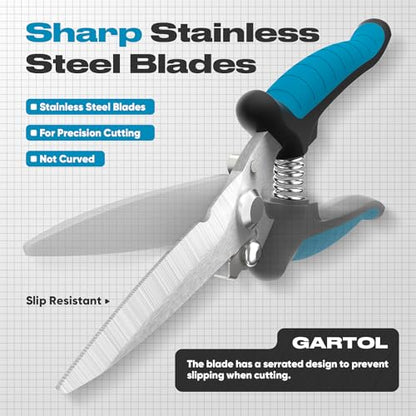 GARTOL 8" Heavy Duty Scissors & Tin Snips - All Purpose Utility Shears with Wire Cutter Notch | Cut Sheet Metal, Cable, Insulation, Carpet, Leather | Ergonomic Electrician Tools with Safety Lock - style: HC120