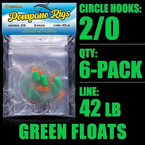 Pompano-Rigs-for-Surf-Fishing-Saltwater-Gear with Double Circle & Wide Gap Hook-6-Pack Surf Fishing Tackle - color: Green Floats 6-Pack, size: 2/0 Circle Hook