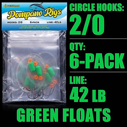 Pompano-Rigs-for-Surf-Fishing-Saltwater-Gear with Double Circle & Wide Gap Hook-6-Pack Surf Fishing Tackle - color: Green Floats 6-Pack, size: 2/0 Circle Hook