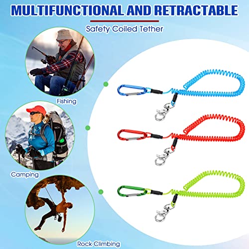 Woanger 6 Pack Fishing Lanyard Steel Wire Coiled Lanyard Tool Lanyards for Hand Tools Kayak Retractable Tool Leash Fishing Rod Safety Lanyards Gear with Alloy Clips for Pliers Boating - color: Red, Green, Blue