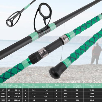 Surf Rod Saltwater 9ft- 4-Piece Carbon Fiber Surf Fishing Rods, Portable Travel Surf Spinning Rod with 20-40lb Power Green Blue - color: Green, size: 15FT Surf Rod