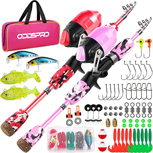 ODDSPRO Kids Fishing Pole - Portable Telescopic Kids Fishing Rod and Reel Combo Kit - with Spincast Fishing Reel Tackle Box for Girls, Youth - color: Light Pink+Red-4.92ft-Right Handed-2Pack, size: 4.92 ft