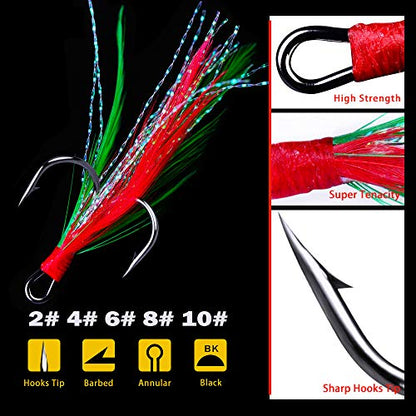 AMHDV Feather Fishing Hooks Strong Treble Hooks Size 2 4 6 8 10 (Pack of 20) - color: Red and green, size: 4#